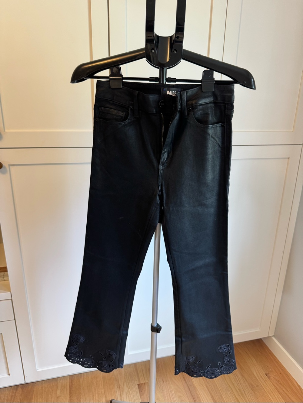 PAIGE Black Cropped Leather-Look Jeans with Scalloped Embroidered Hem